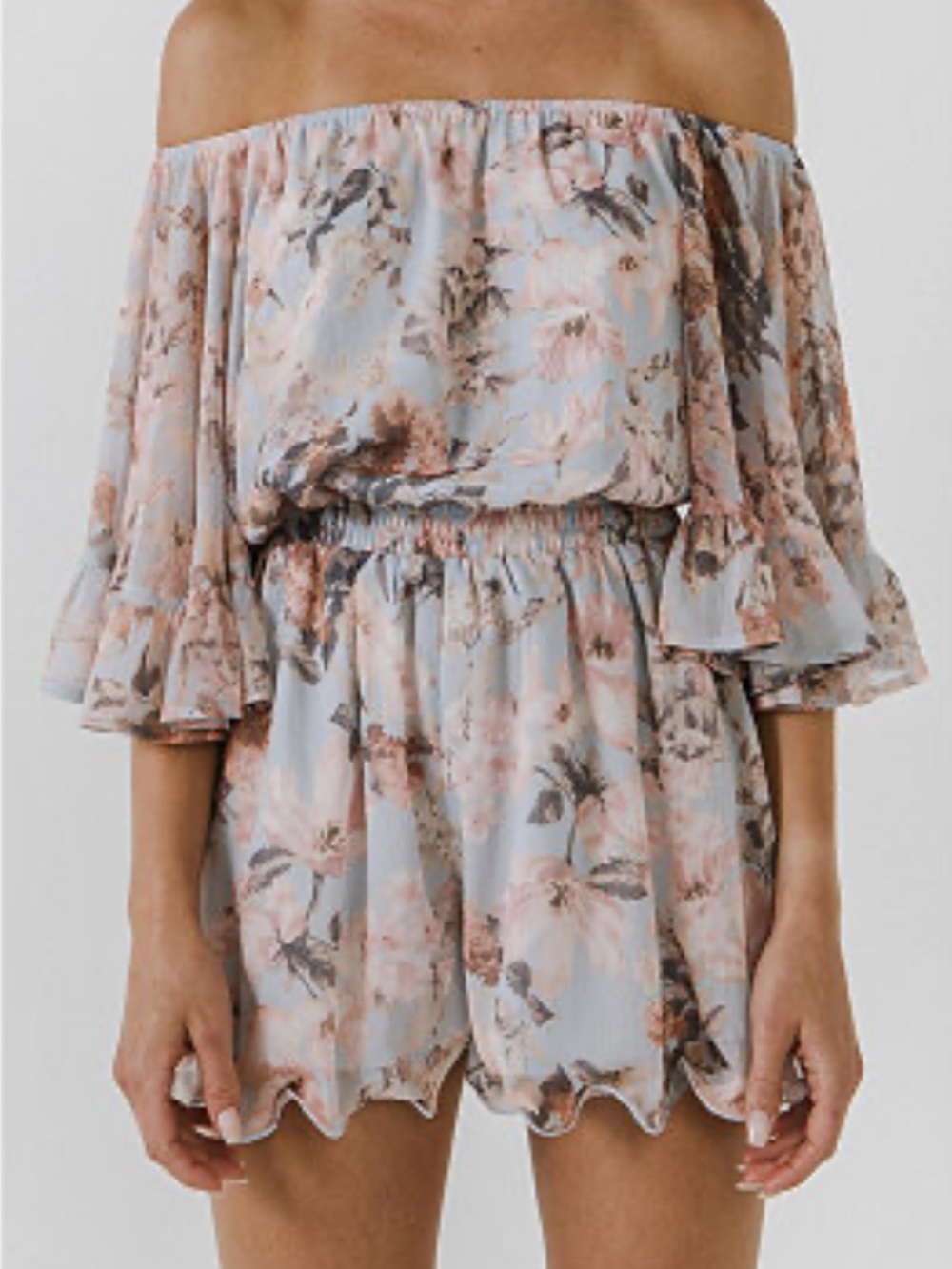 Free the Roses Light Blue Floral Romper with Pink Accents. Size L. NWT